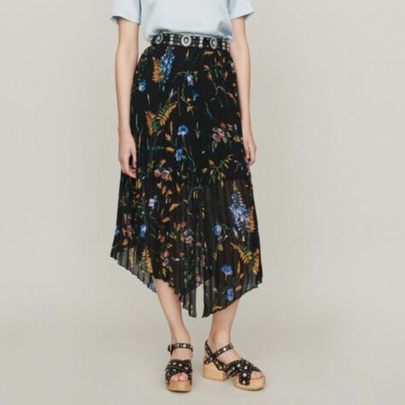 Maje Dresses & Skirts - Maje black floral assymetrical pleated midi skirt - Small (1)
